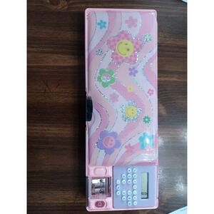 Hot Focus Pink Smiley Flower Multi-Function Pencil Case w/ Calculator Sharpener